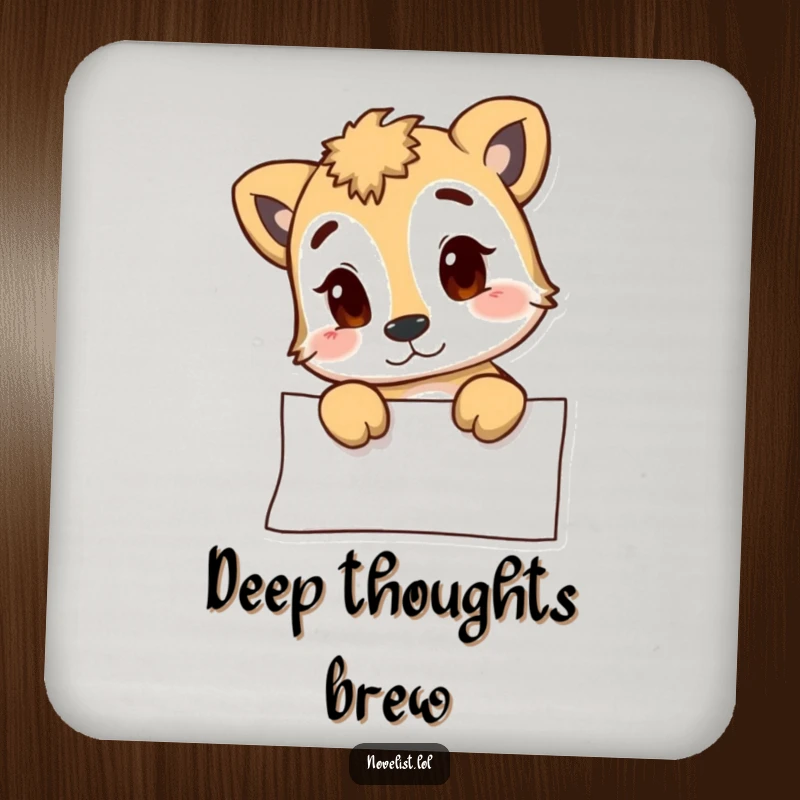 Funny drink coaster featuring an animal character contemplating a blank page, protecting furniture with humor, a perfect funny gift.