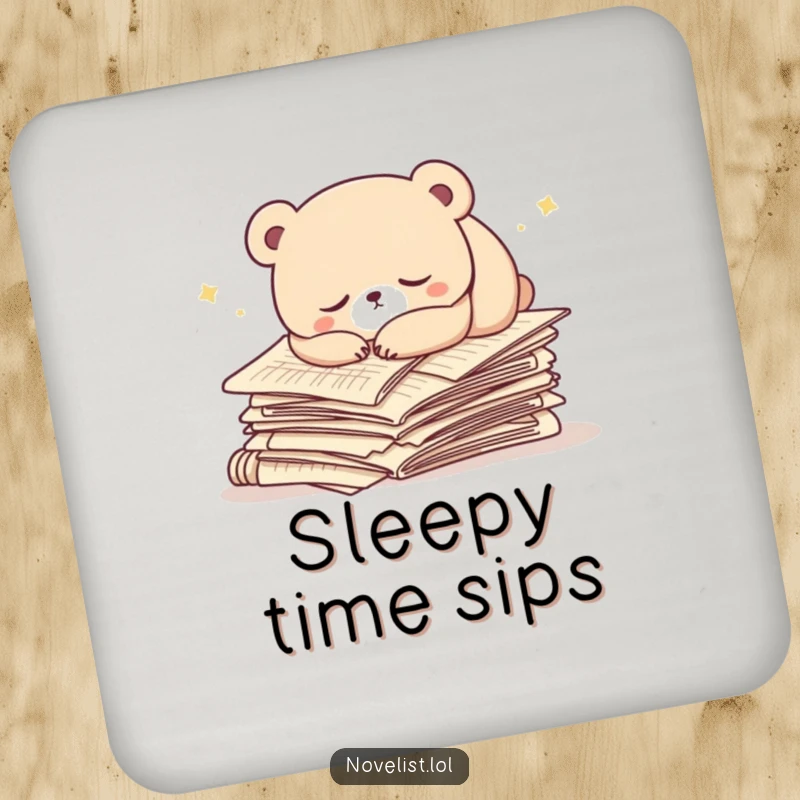 Funny drink coaster with a sleepy bear character napping on manuscript papers. A humorous and practical table accessory.