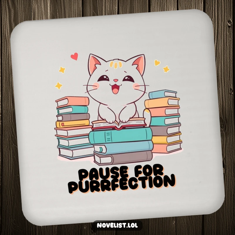 Funny cat drink coaster featuring an excited character surrounded by books, perfect for protecting surfaces with style.