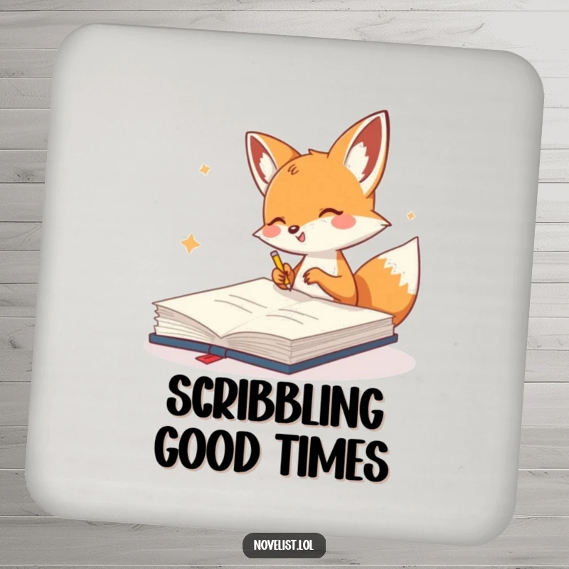 Funny Drink Coaster with a cute fox gleefully scribbling in a giant notebook, adding artistic and humorous charm.