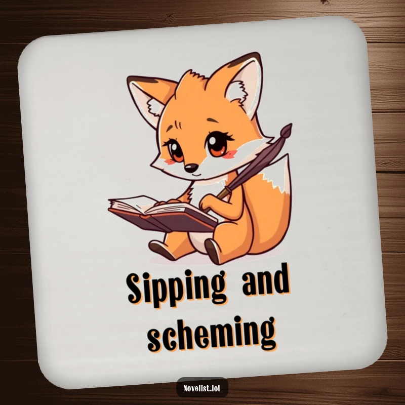 Funny drink coaster featuring a creative fox with a focused gaze, scribbling notes with a quill, a witty funny gift.