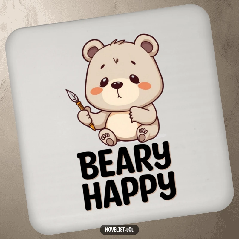 Funny Drink Coaster depicting a bear holding a quill pen high, deep in thought, adding a touch of literary flair.