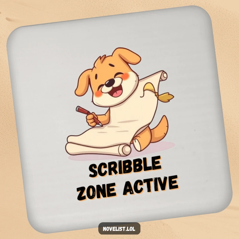 Funny dog drink coaster showcasing a giggling character scribbling on a large scroll, protecting surfaces with art.