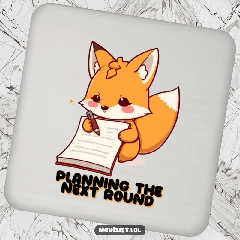 Funny determined fox character writing in a notebook on a set of coasters, providing protection with energetic humor.