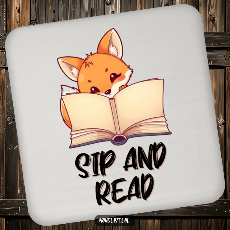 Funny drink coaster with a curious fox peeking from an open storybook, protecting surfaces with whimsical charm.