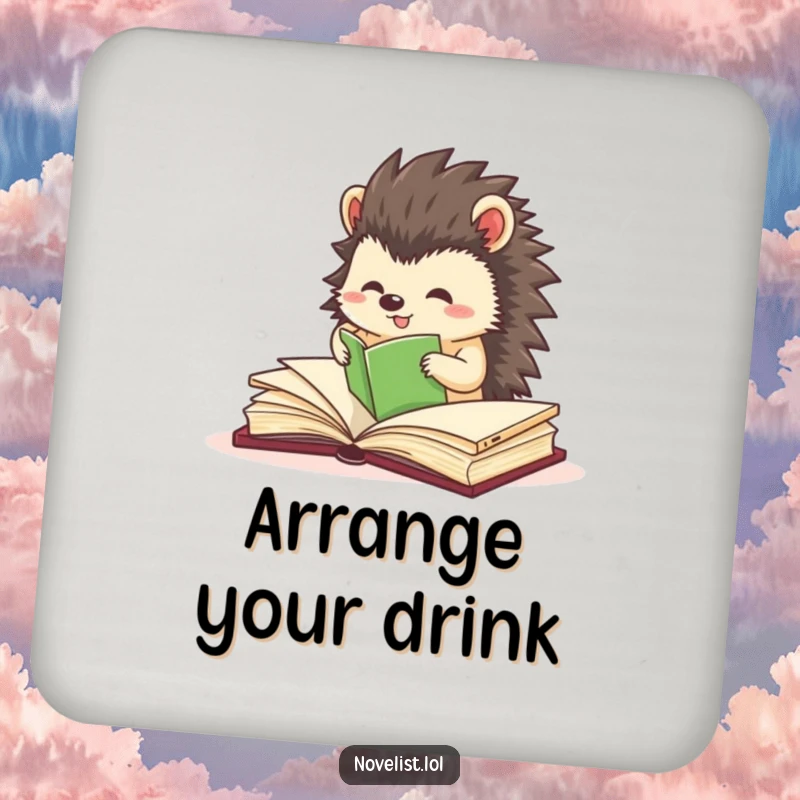 Funny coaster with a small hedgehog character precisely organizing book pages, adding a neat touch to any surface.