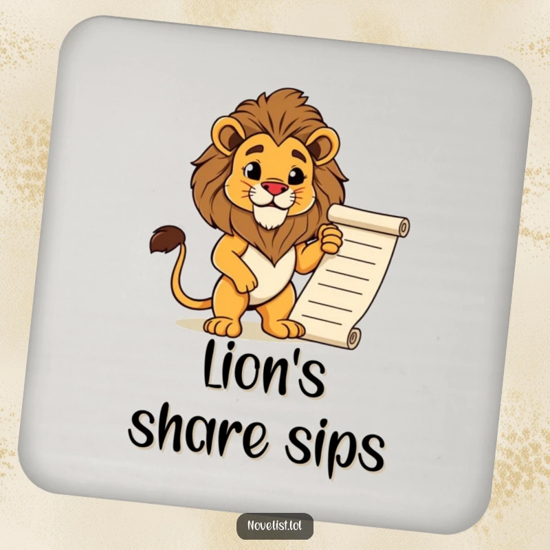 Funny drink coaster with a proud lion in a regal pose next to a manuscript. A humorous and practical table accessory.