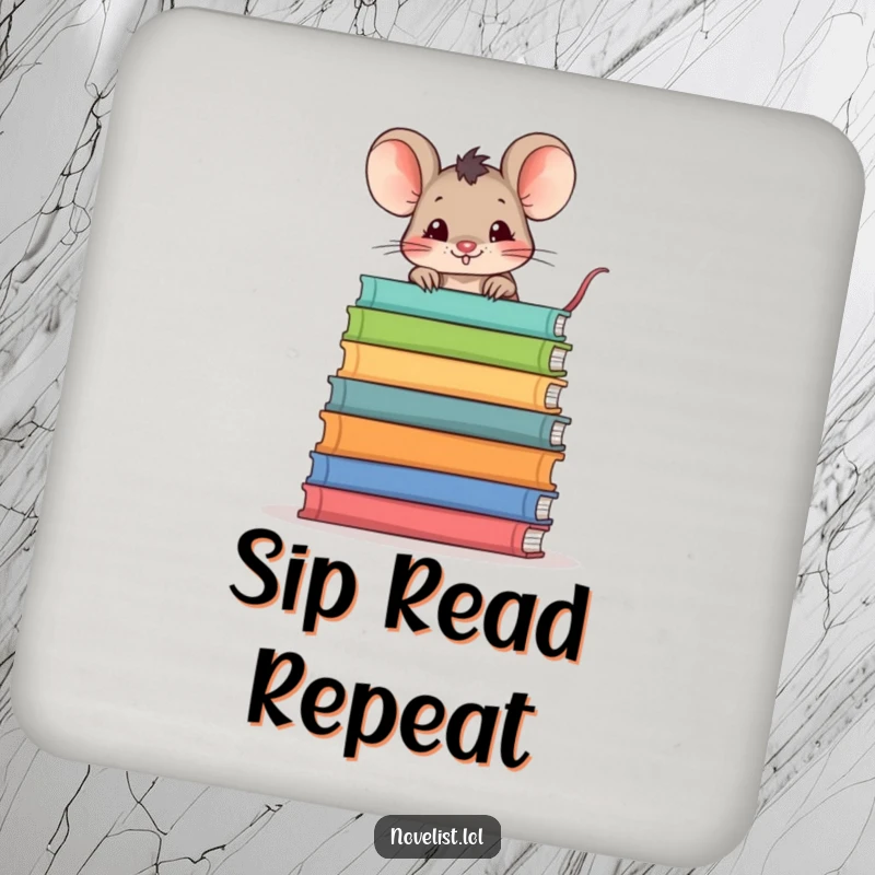 Funny drink coasters featuring a mischievous mouse peeking over books, adding a humorous and practical touch to any coffee table.