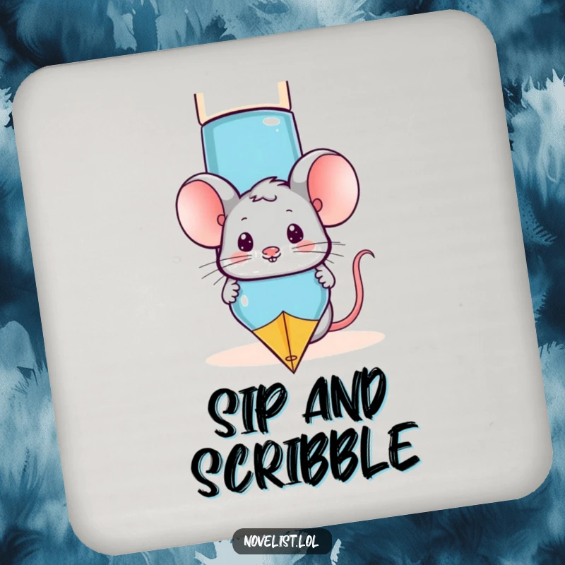 Funny mouse illustration peeking from behind a giant fountain pen, a humorous and protective drink coaster.