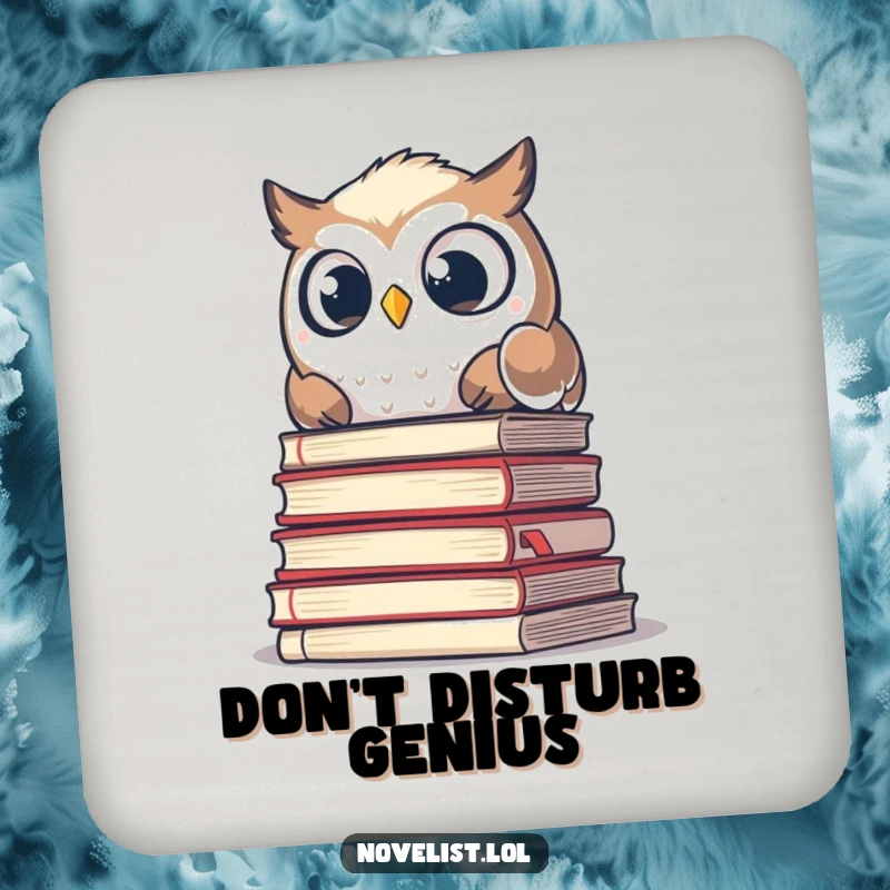 Funny drink coaster with a surprised owl peeking over a stack of manuscripts, adding humor to any table setting.