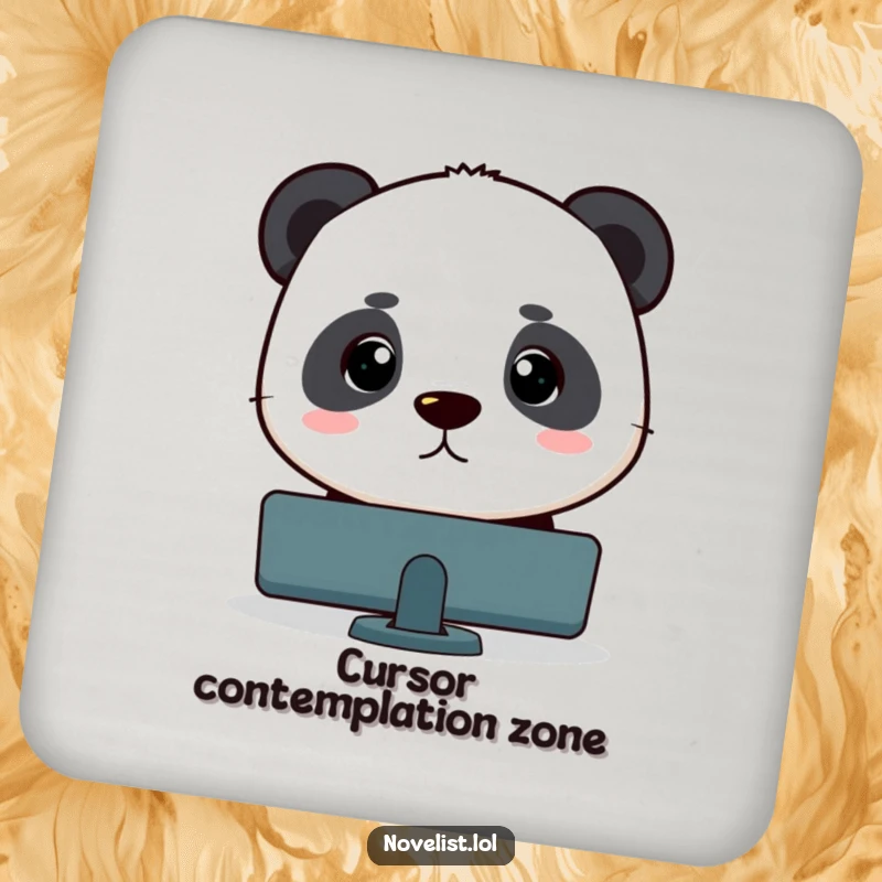 Funny panda illustration intently focused on a blinking cursor, a humorous and protective drink coaster.