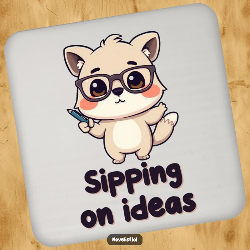 Funny Drink Coaster featuring a cute animal character with glasses, dramatically gesturing with a pen, adding dramatic humor.