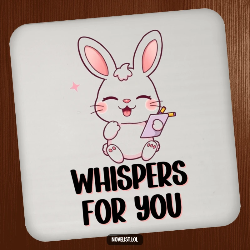 Funny coaster, winking rabbit scribbling notes, playful smirk, protects surfaces with playful humor for funny gift seekers.