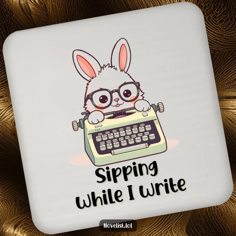Funny drink coaster set with fluffy rabbits typing on vintage typewriters, adding humorous protection to tables for book lovers.