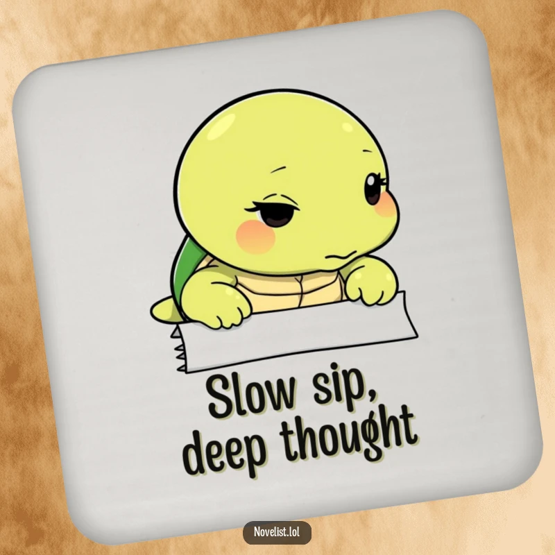 Funny drink coaster featuring a thoughtful turtle looking intently at a blank page, protecting surfaces with calm.