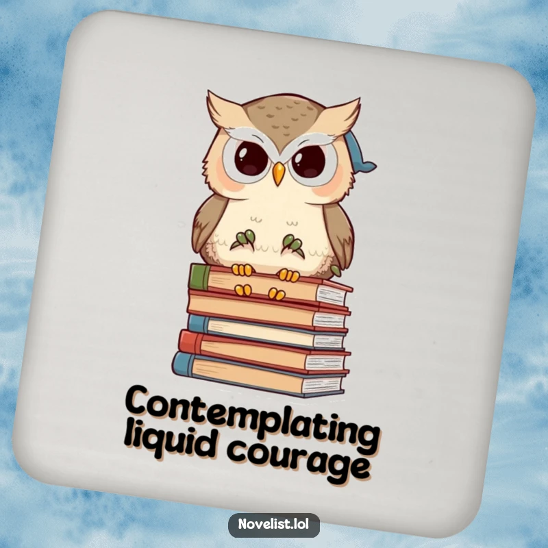 Funny wise owl character reading a book on a set of coasters, providing protection with a touch of scholarly humor.