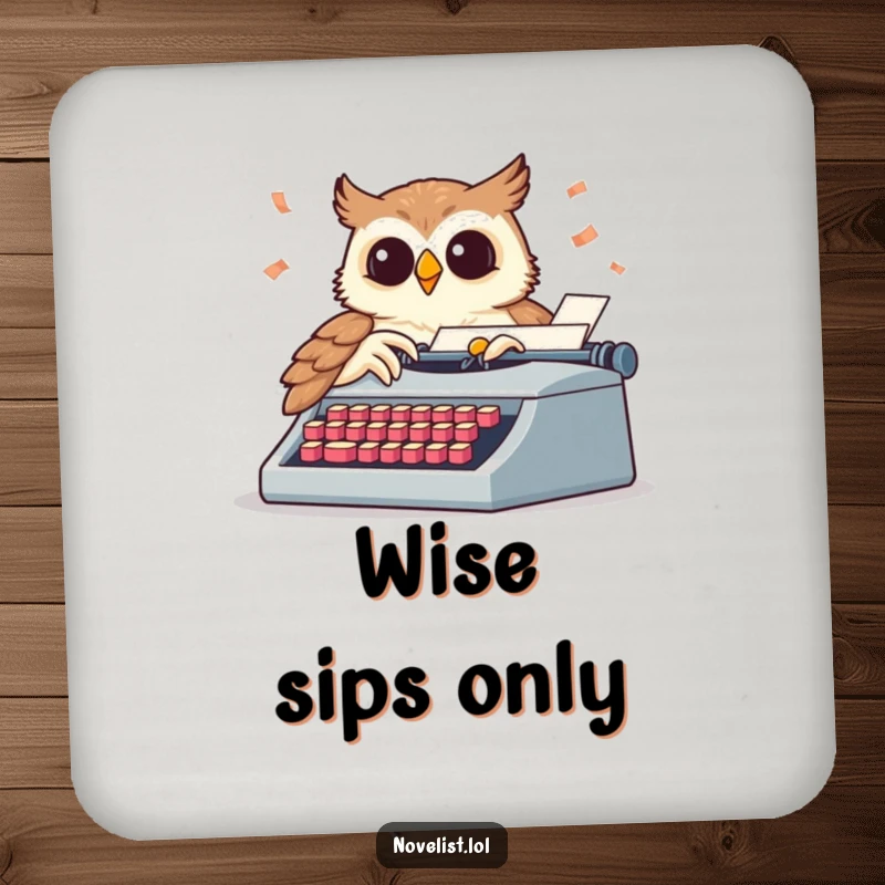 Funny drink coaster featuring a wise owl pecking a typewriter with flying keys, a witty funny gift.