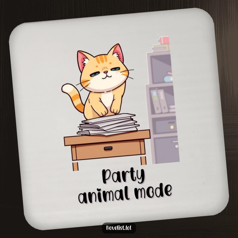 Funny coaster, determined cat jumping onto desk, papers, office humor, protects surfaces with feline fun for funny gift seekers.