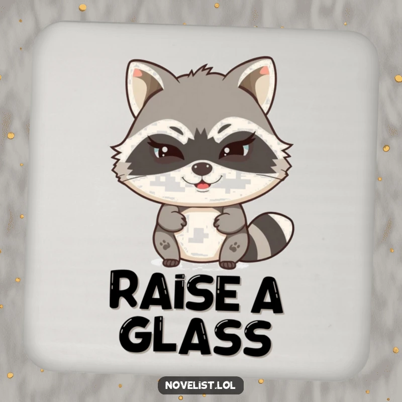 Funny drink coaster with a witty raccoon character typing a secret story with a mischievous wink, protecting surfaces with humor.