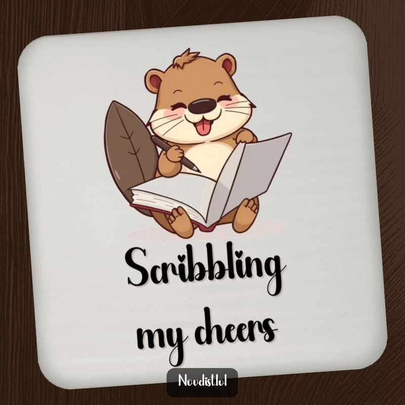 Funny Beaver Coaster: A busy beaver with a quill pen, scribbling in a large book, adding creative flair.