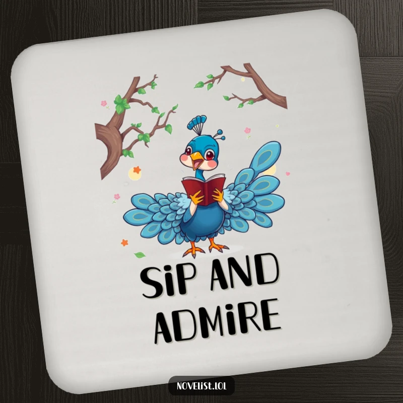 Funny drink coaster with a dramatic peacock character acting out a scene from a novel, protecting surfaces with theatrical charm.