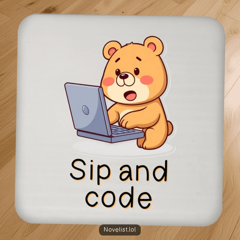 Funny Bear Typing Coaster: Cute bear types on laptop with curious expression, a cute table accessory.