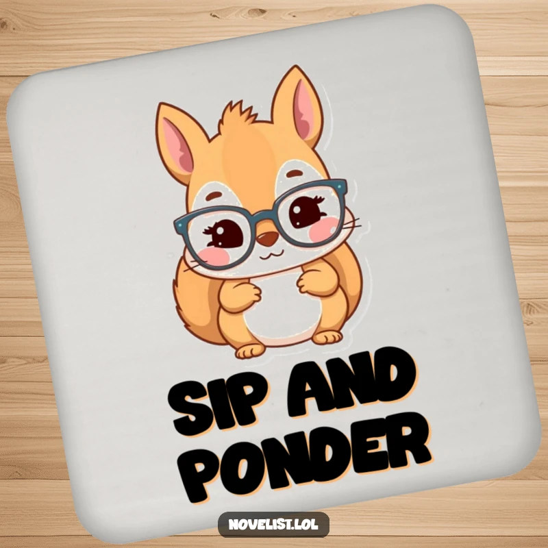 Funny coaster with a kawaii squirrel character wearing reading glasses, looking inspired, adding wisdom to any surface.