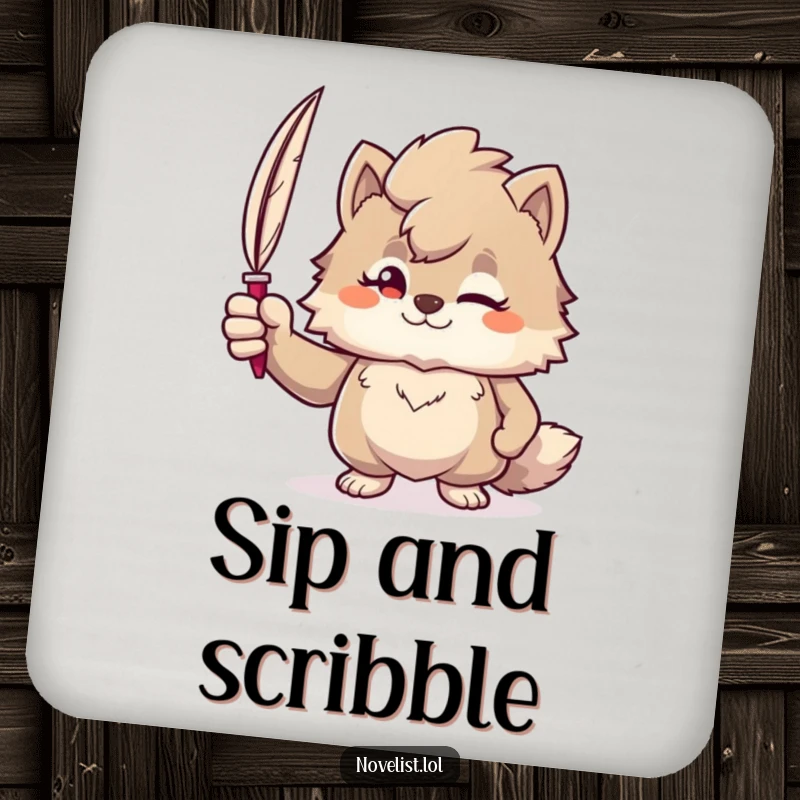 Funny coaster featuring a confident furry character holding a quill pen, adding a literary touch to drink protection.