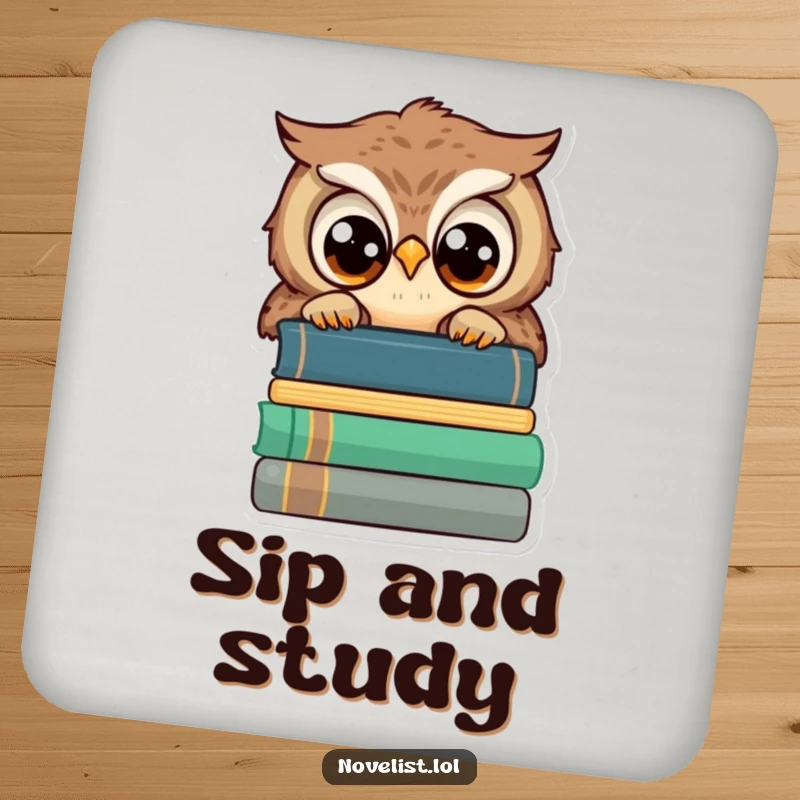 Funny coaster, wise owl peeking over books, wide eyes, protects surfaces with intellectual humor for funny gift seekers.