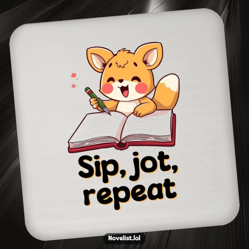 Funny drink coaster depicting an excited animal character scribbling energetically in a large open notebook, protecting your furniture.