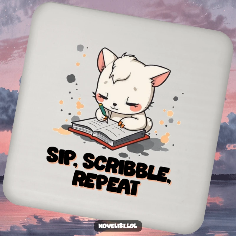 Funny drink coaster featuring a whimsical animal character scribbling in a notebook with ink splatters, a humorous desk accessory.