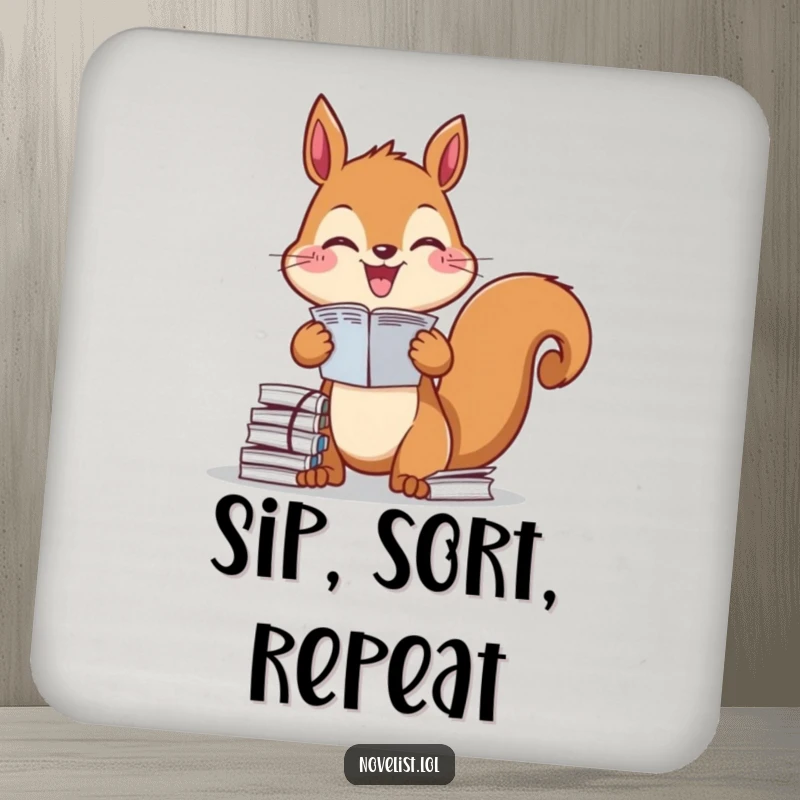 Funny Drink Coaster: Diligent squirrel organizing papers, protecting surfaces with order, a practical and funny gift.