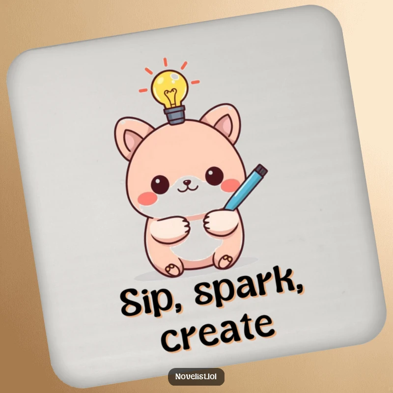 Funny drink coaster featuring a kawaii animal character with a lightbulb and pen, representing a humorous moment of inspiration.