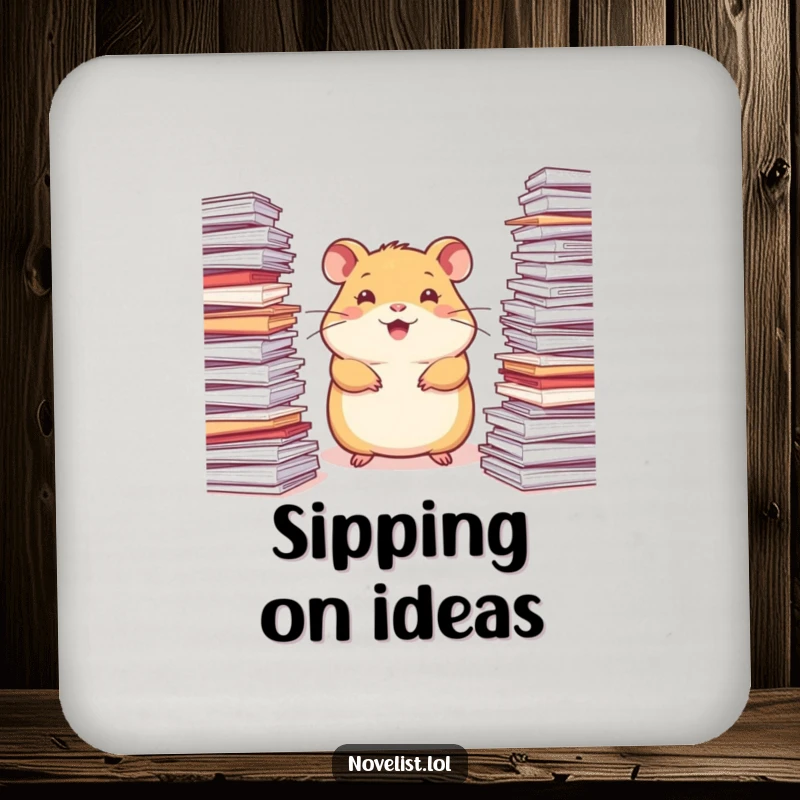 Funny Hamster Coaster: A happy hamster surrounded by stacks of paper, looking inspired, adding cheerful charm.