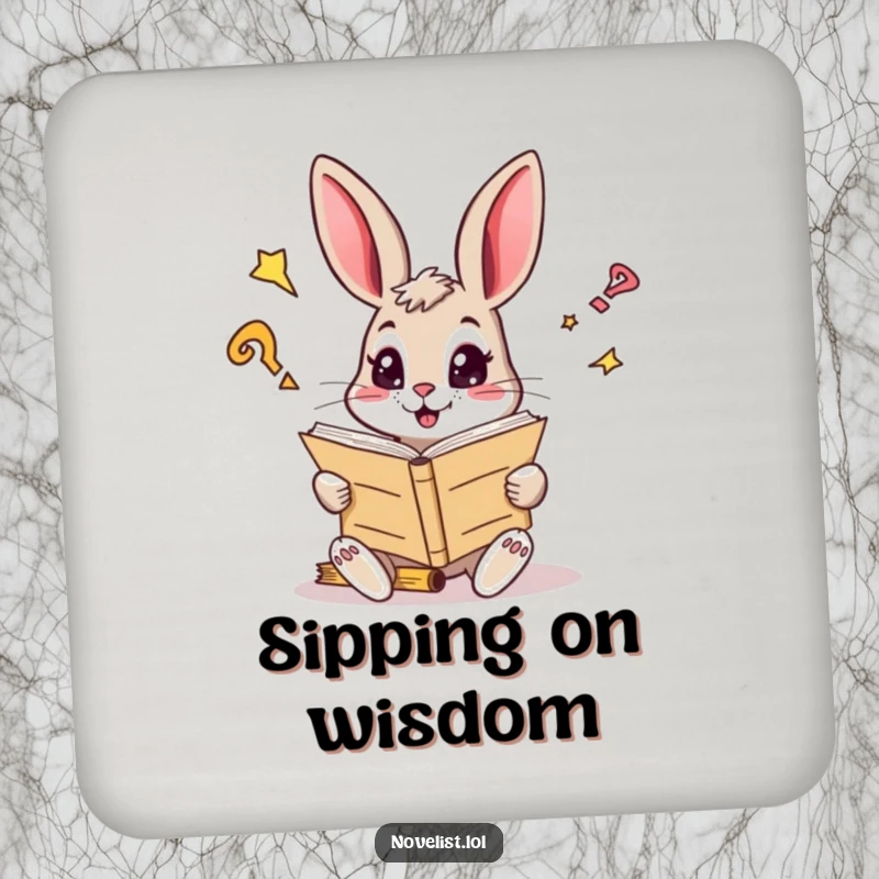 Funny drink coaster featuring a curious rabbit with sparkling eyes reading a giant manuscript, a charming funny gift.