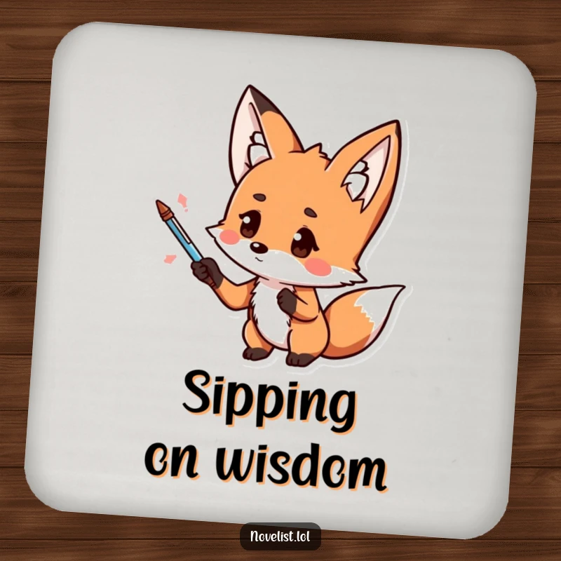 Funny coaster, kawaii fox with pen, dramatic gesture, thoughtful expression, protects surfaces with artistic humor for funny gift seekers.