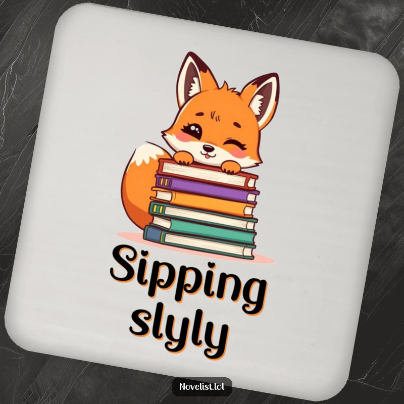 Funny Fox Coaster: A giggling fox peeking from behind a pile of books, adding literary charm and protection.