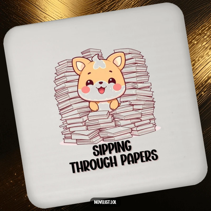Funny Drink Coaster featuring a happy animal character surrounded by overflowing stacks of paper, looking pleased and organized.
