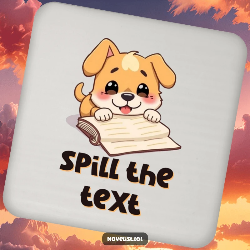 Funny coaster with a dog character comically tripping over a manuscript, bringing a surprised grin to your drink setup.