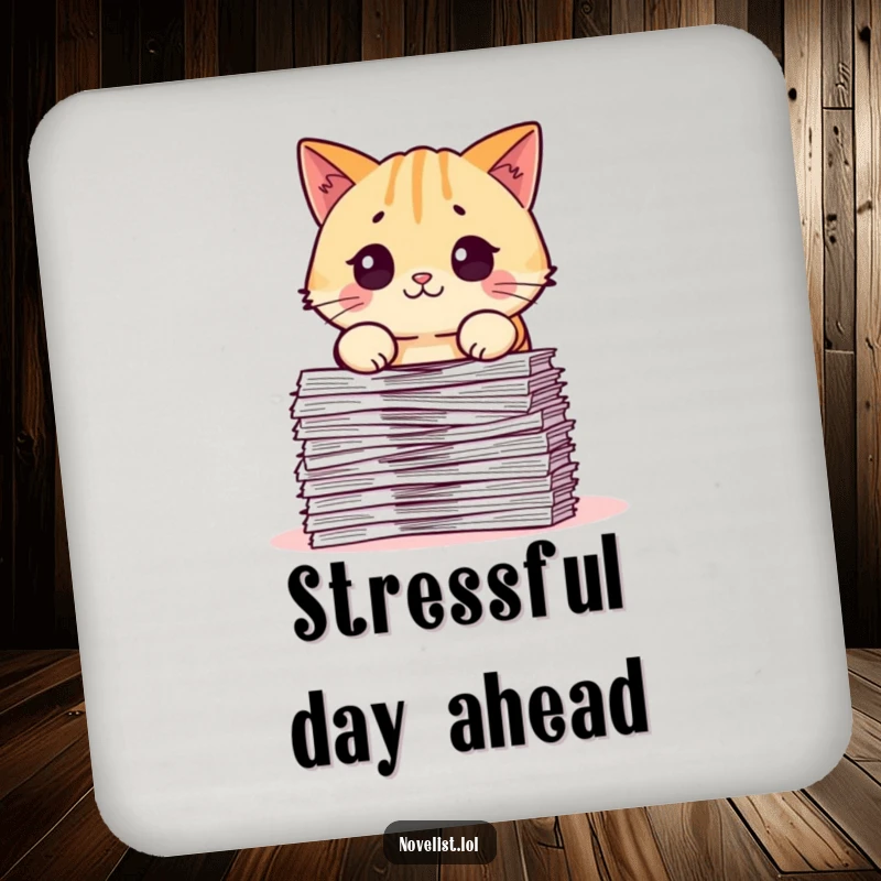 Funny drink coaster featuring a surprised pudgy cat character staring intently at a large stack of papers, protecting surfaces with humor.