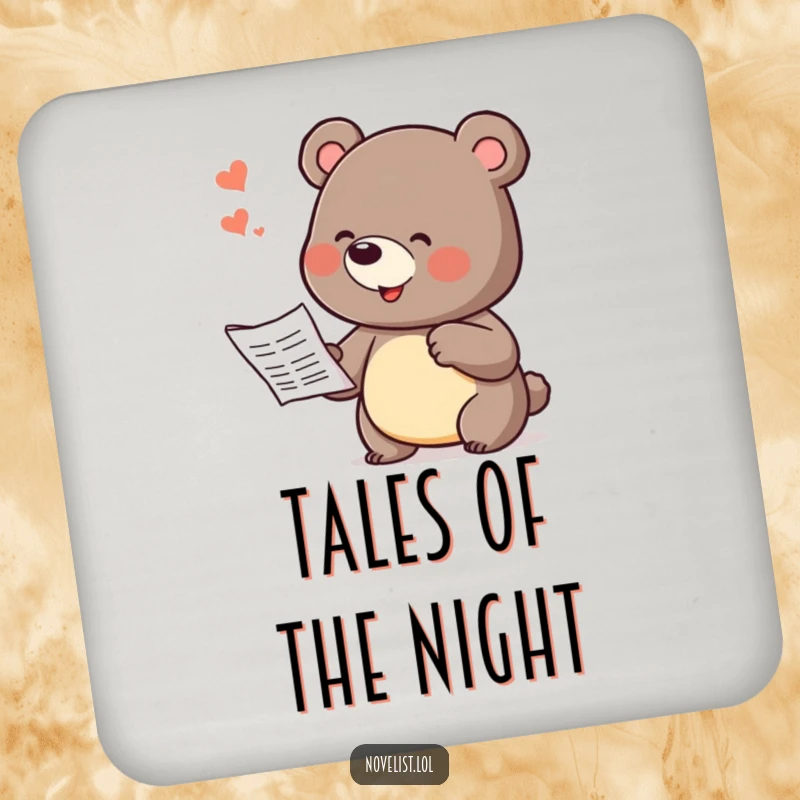 Funny drink coaster with a playful bear character dramatically gesturing while dictating a story, protecting surfaces with a touch of humor.