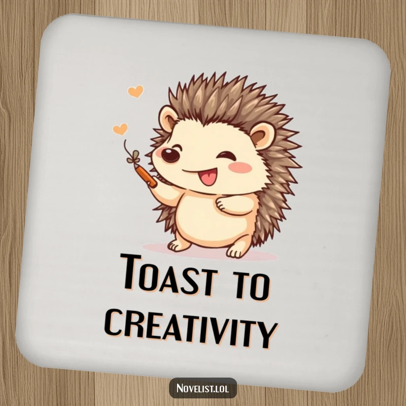 Funny drink coasters featuring a small hedgehog gleefully adding a flourish to a drawing, perfect for adding artistic flair to any table.