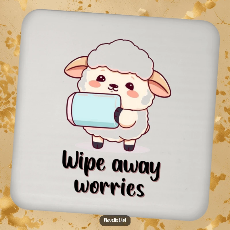 Funny drink coasters featuring a sheep using a comically large eraser to remove a sentence, perfect for adding humorous protection.