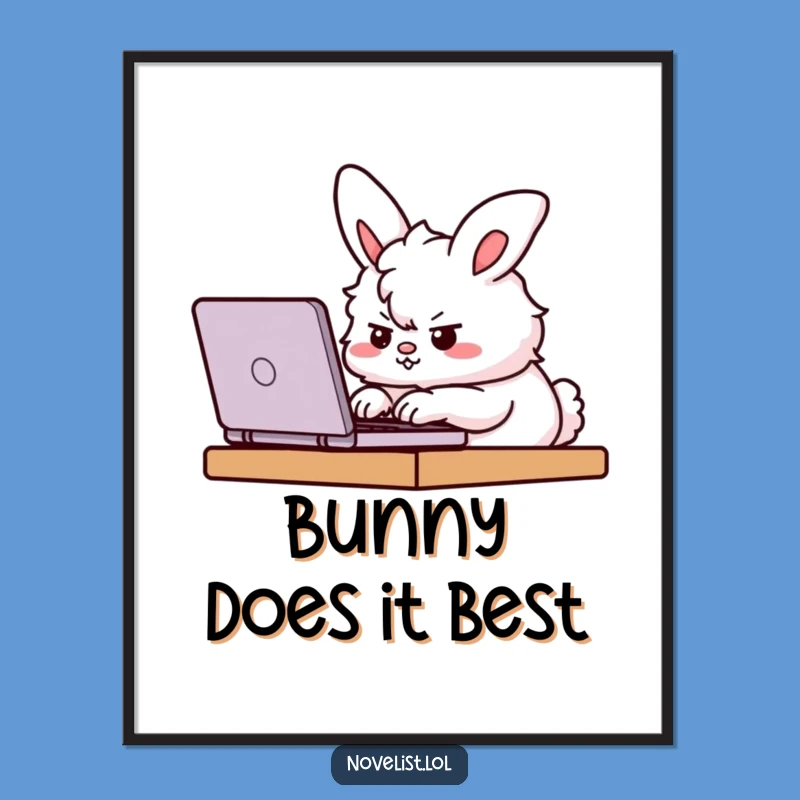 Funny Determined Poster - Bunny Typing Art, Amusing Wall Decor Funny Gift