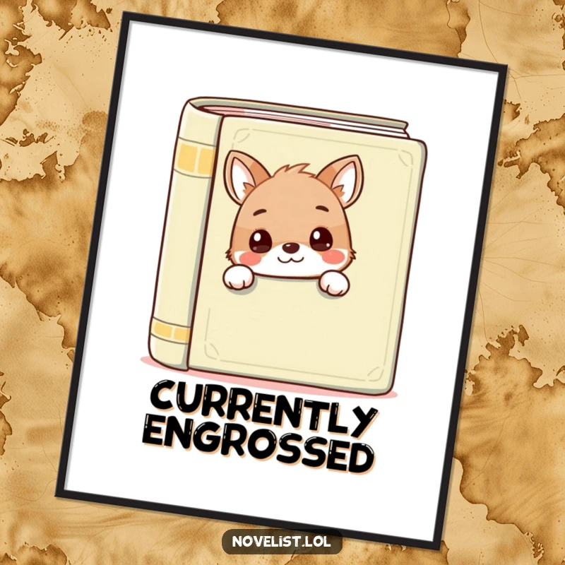 Funny poster of a cute animal peeking over a book, perfect wall art for book lovers, a delightful funny gift.