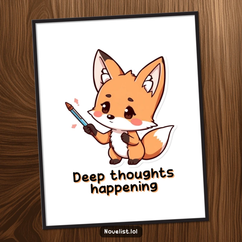Funny wall poster, kawaii fox dramatically gesturing with a pen, thoughtful expression, artistic and humorous decor for funny gift enthusiasts.