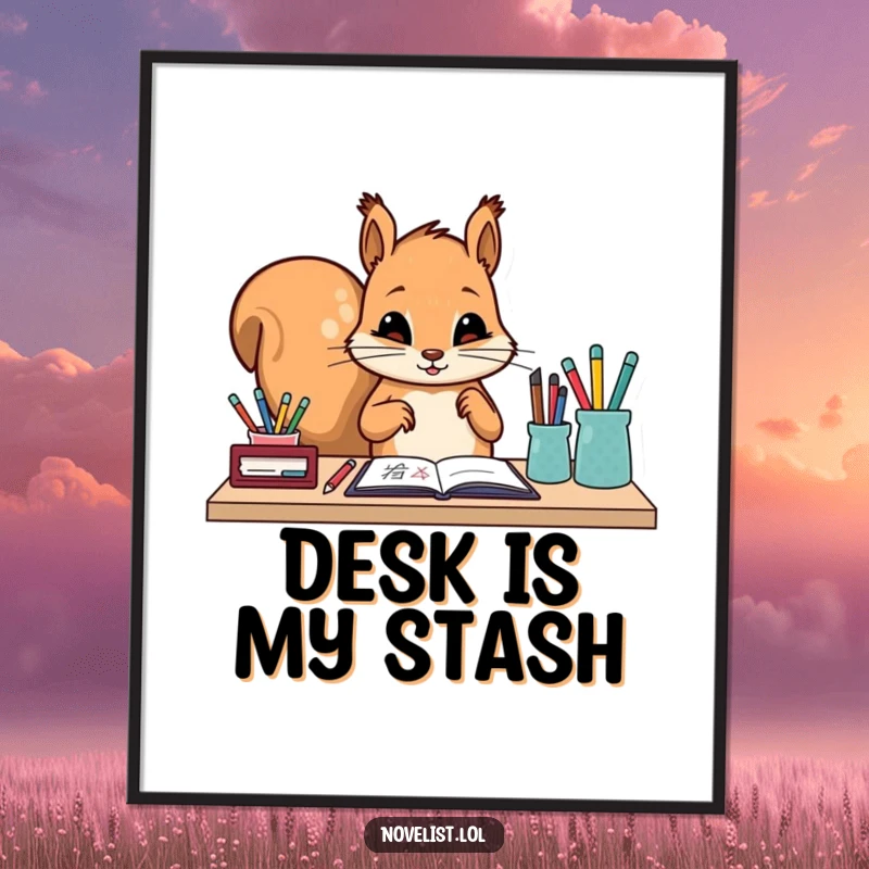 Funny poster featuring a diligent squirrel character carefully organizing writing instruments on a desk. Artistic and humorous office decor.