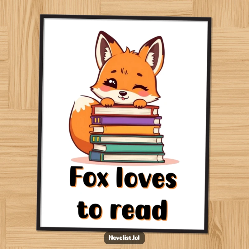 Funny Fox Poster: A giggling fox peeking out from behind a pile of books, perfect for literary-themed decor.