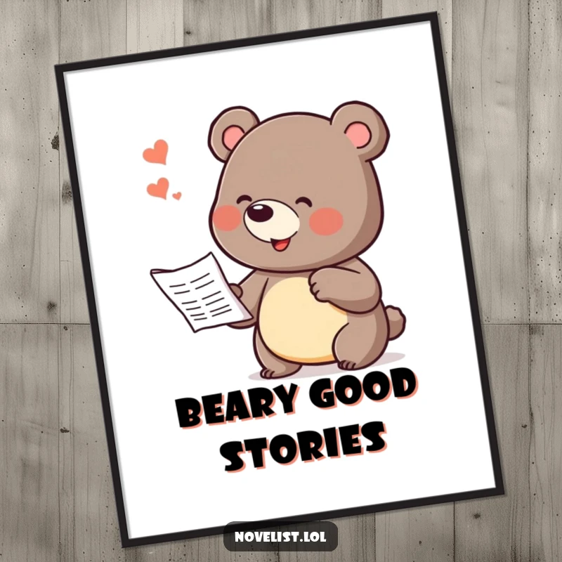 Funny poster depicting a bear character with animated gestures, passionately dictating a story, adding a humorous and artistic touch to any wall.