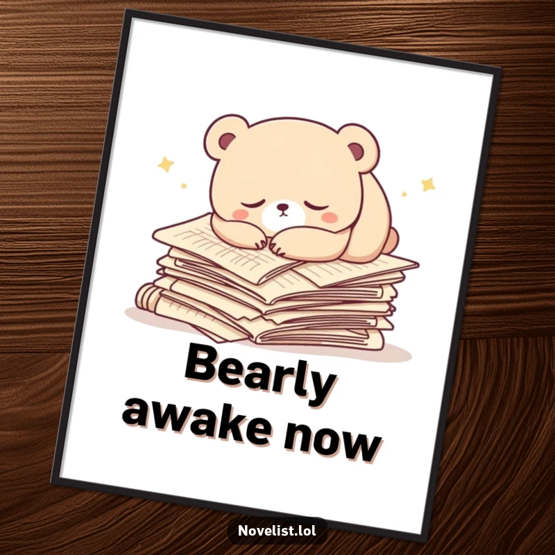 Funny poster featuring a peaceful, sleepy bear character resting on a large stack of manuscript papers. Whimsical literary art.